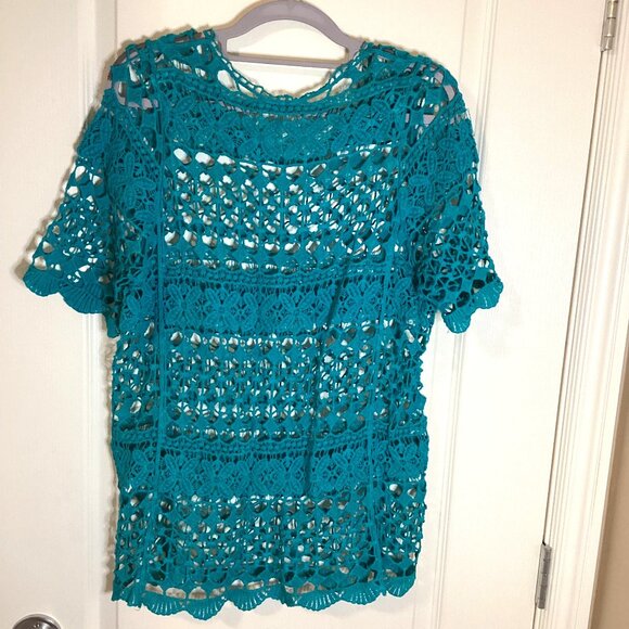 Women's Blue Crochet Sheer Top Short Sleeve Blouse Beach Cover-up Vacation - Picture 5 of 5